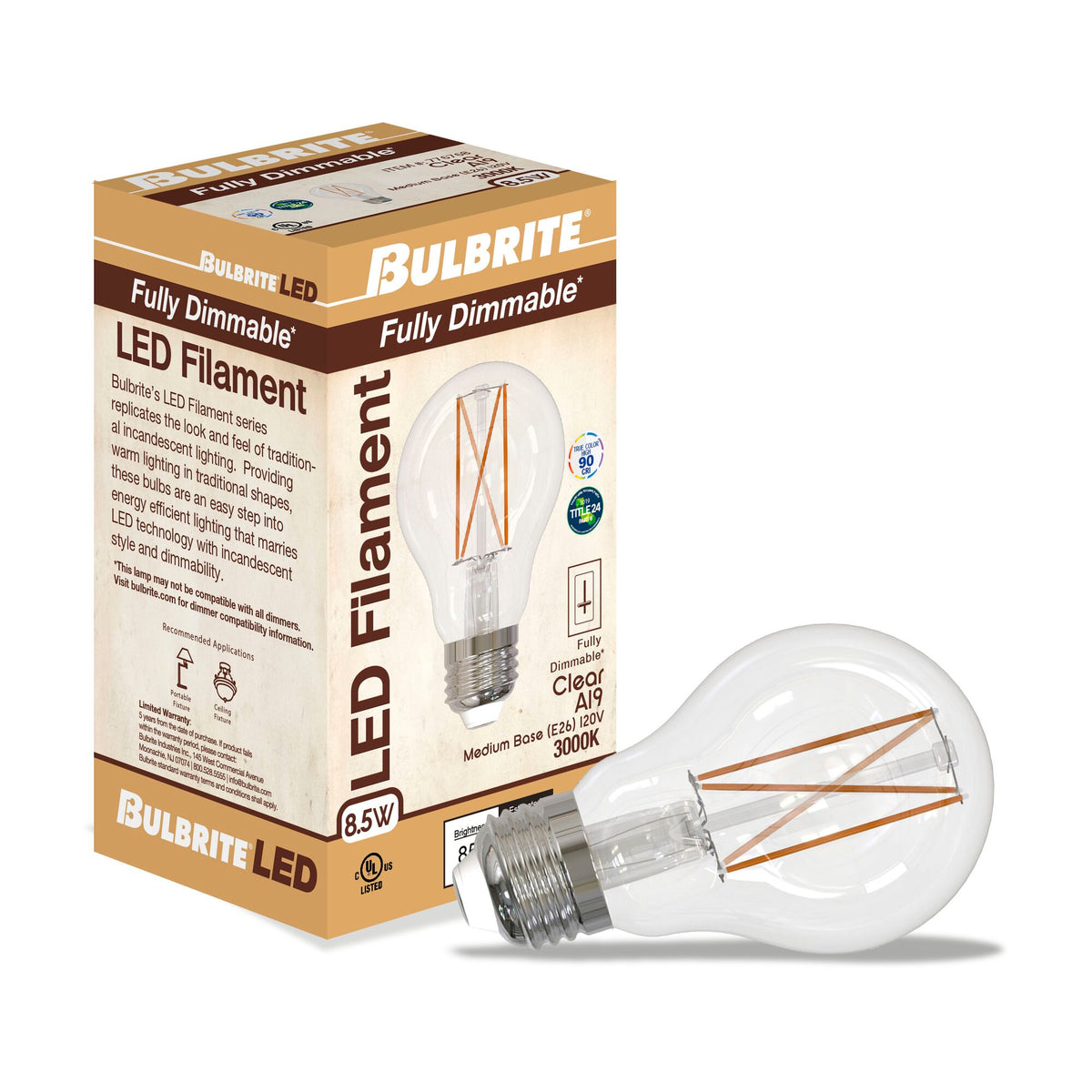 Bulbrite LED Filament 8.5W Dimmable A19 Light Bulbs with Clear Glass Finish and E26 Medium Base – 3000K Soft White Light, 850 Lumens, 4-Pack