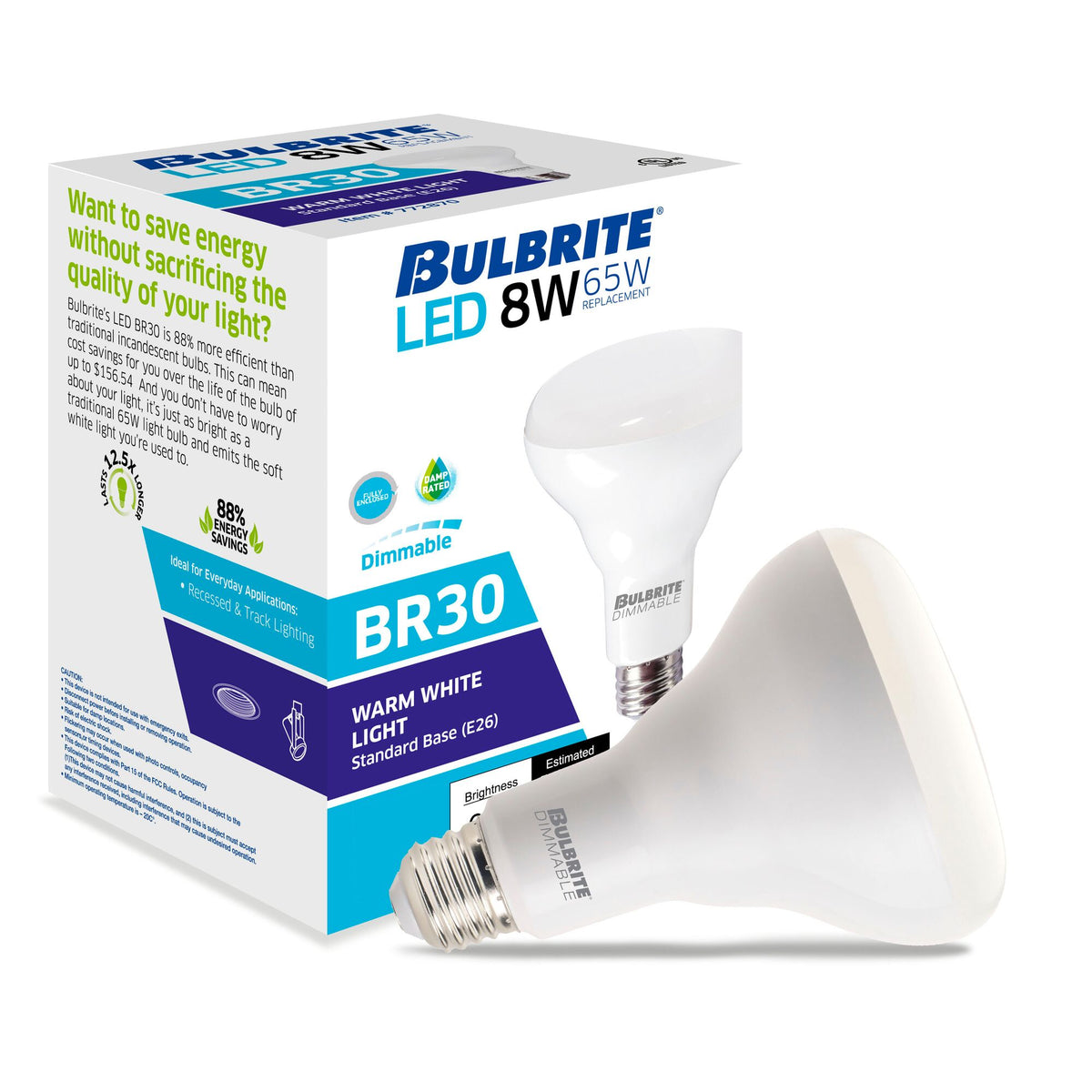 Bulbrite LED Filament 8W Dimmable BR30 Light Bulbs with Frost Glass Finish and E26 Medium Base – 2700K Warm White Light, 650 Lumens, 4-Pack