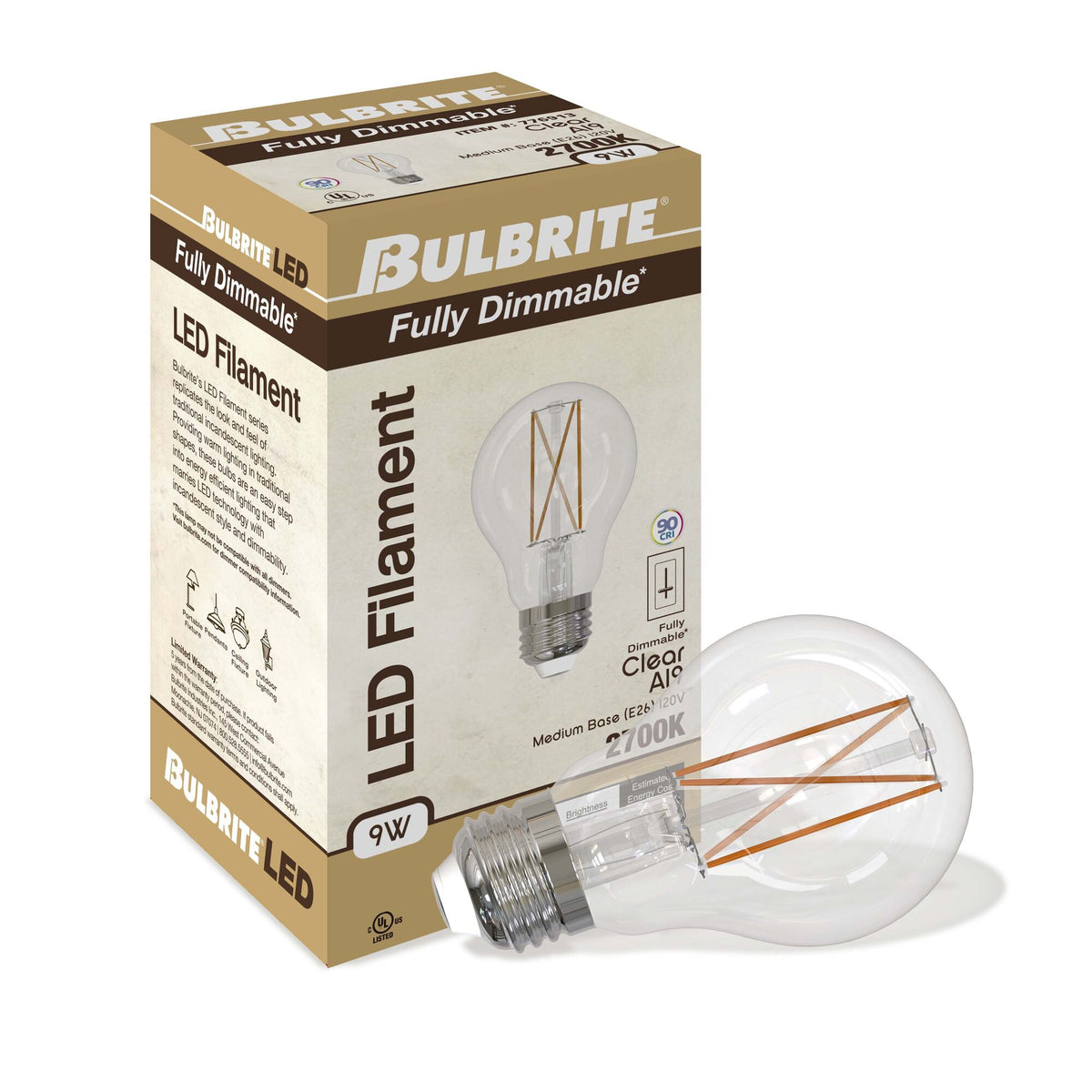 Bulbrite LED Filament 9W Dimmable A19 Light Bulb with Clear Glass Finish and E26 Medium Base – 2700K Warm White Light, 1100 Lumens, 4-Pack