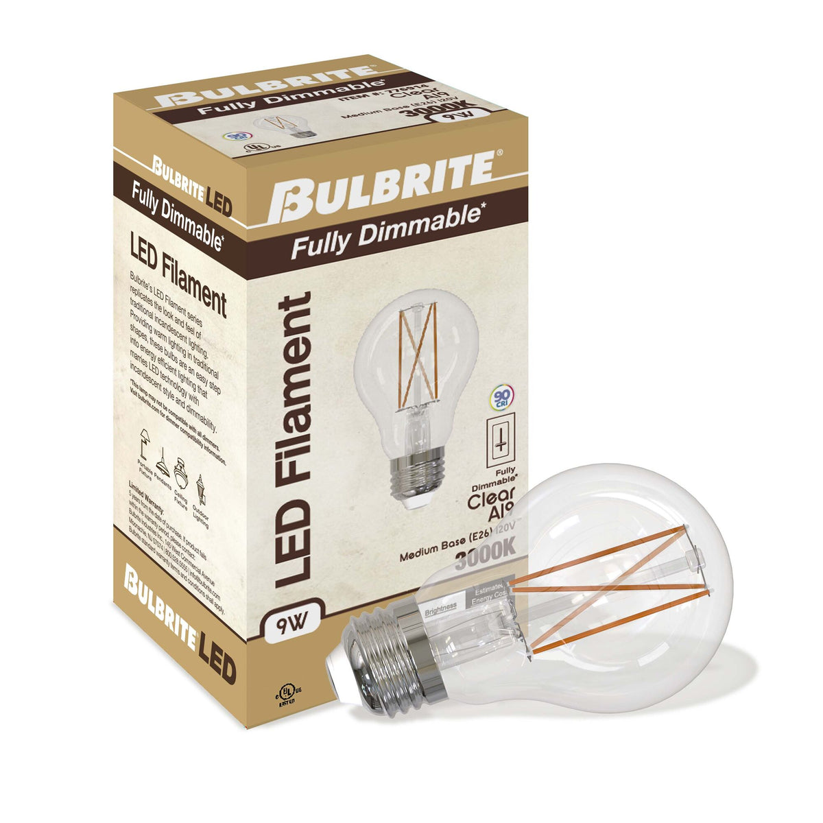 Bulbrite LED Filament 9W Dimmable A19 Light Bulb with Clear Glass Finish and E26 Medium Base – 3000K Soft White Light, 1100 Lumens, 4-Pack