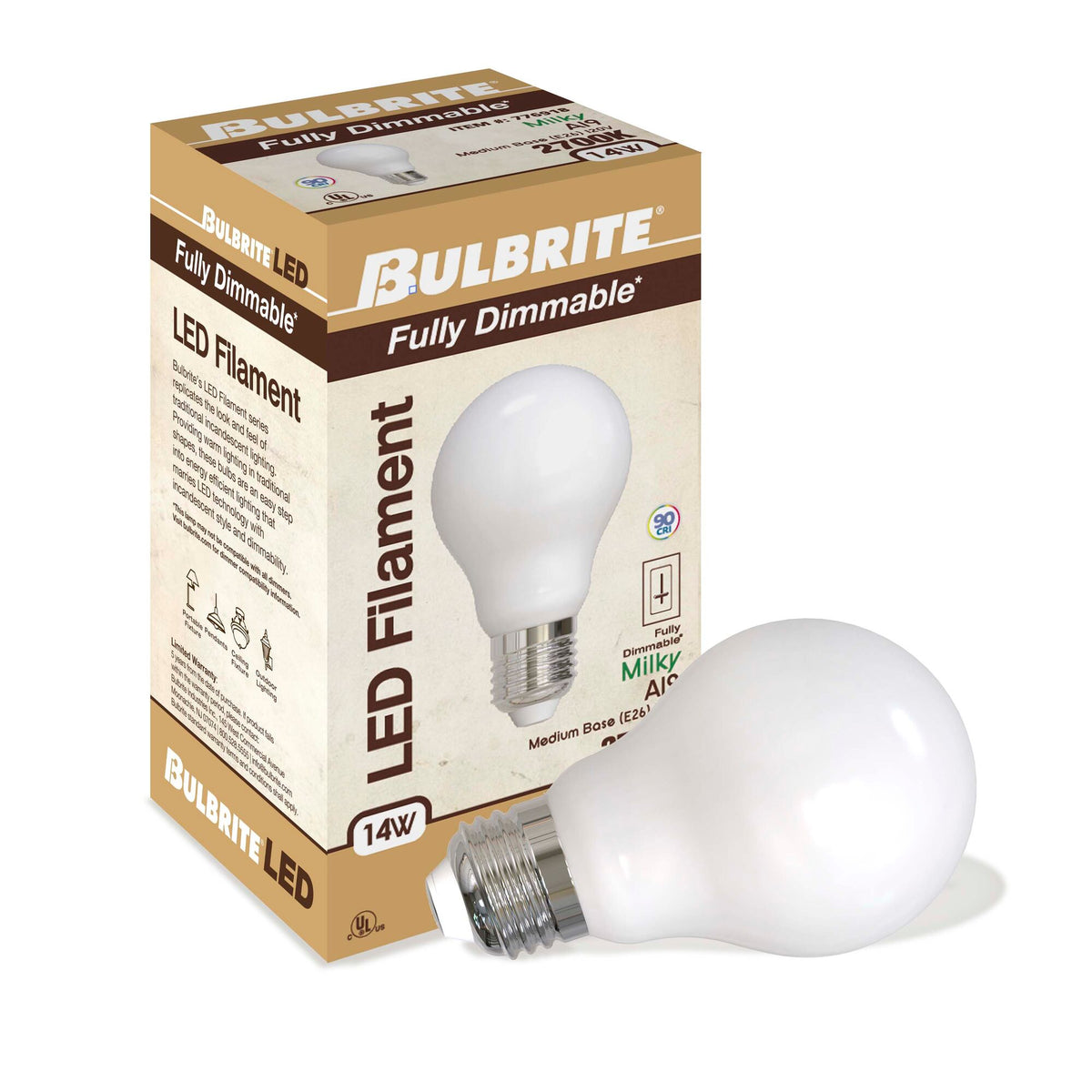 Bulbrite LED Filament 14W Dimmable A19 Light Bulb with Milky Glass Finish and E26 Medium Base – 2700K Warm White Light, 1500 Lumens, 4-Pack