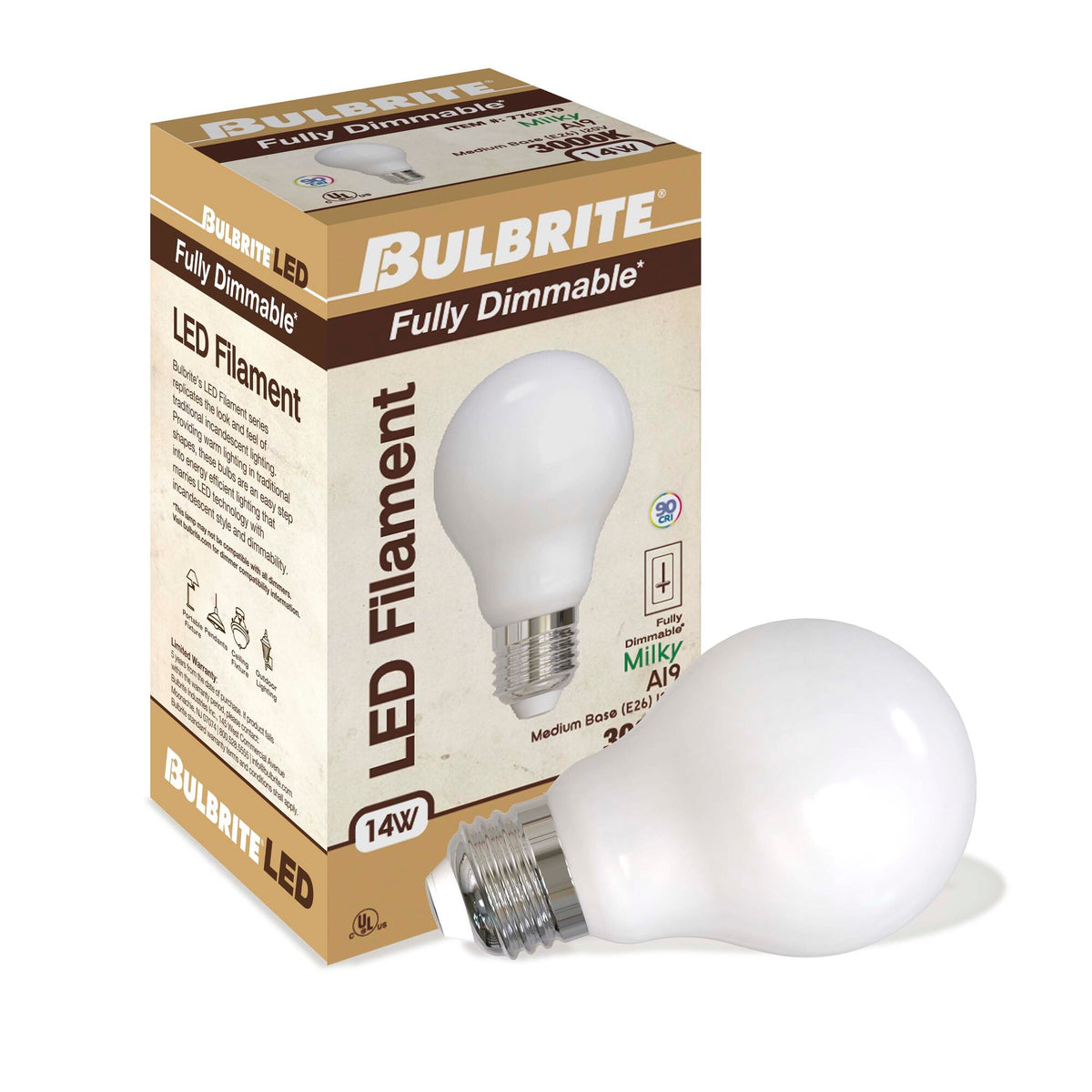 Bulbrite LED Filament 14W Dimmable A19 Light Bulb with Milky Glass Finish and E26 Medium Base – 3000K Soft White Light, 1500 Lumens, 4-Pack