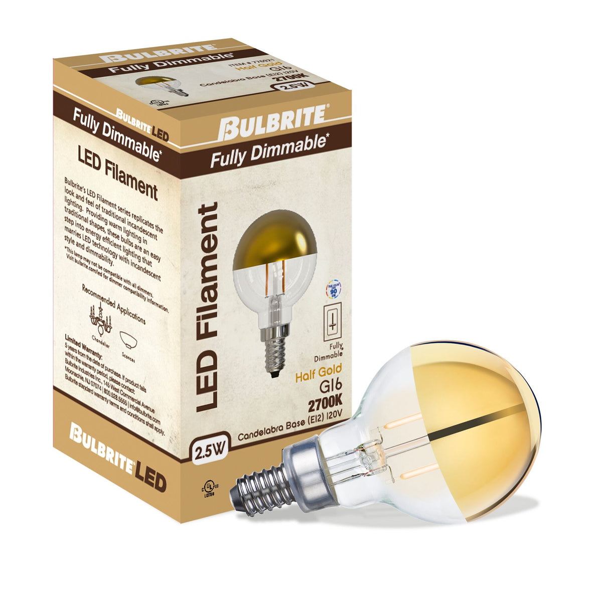 Bulbrite LED Filament 2.5W Dimmable G16 Light Bulb with Half Gold Glass Finish and E12 Candelabra Base – 2700K Warm White Light, 200 Lumens, 4-Pack