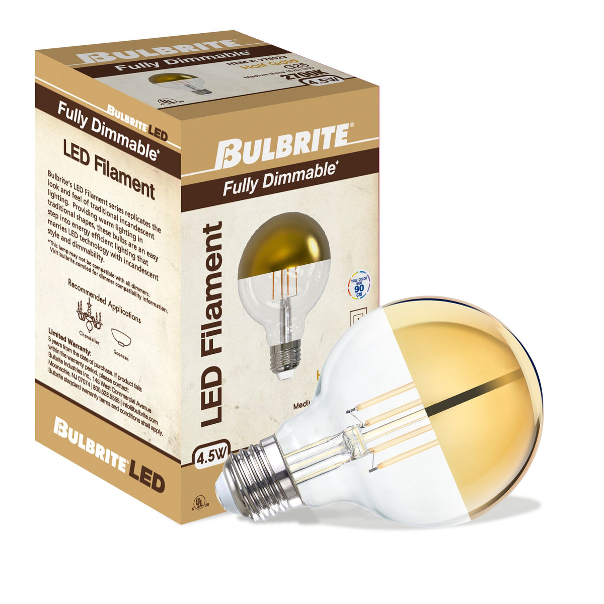 Bulbrite LED Filament 4.5W Dimmable G25 Light Bulb with Half Gold Glass Finish and E26 Medium Base – 2700K Warm White Light, 350 Lumens, 4-Pack