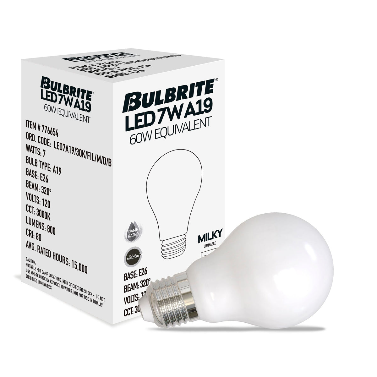Bulbrite LED Filament 7W Dimmable A19 Light Bulbs with Milky Finish and E26 Medium Base – 3000K Soft White Light, 800 Lumens, 4-Pack