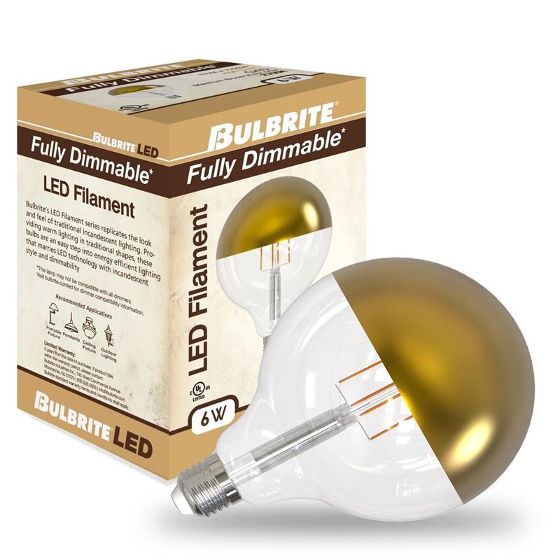 Bulbrite LED Filament 6W Dimmable G40 Light Bulbs with a Half Gold Finish and E26 Medium Base – 2700K Warm White Light, 500 Lumens, 4-Pack