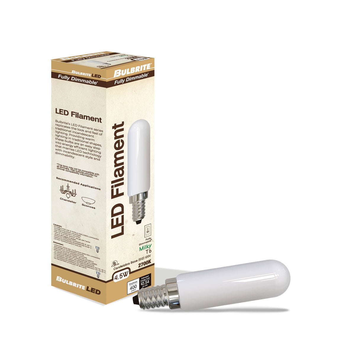 Bulbrite LED Filament 4.5W Dimmable T6 Light Bulbs with a Milky Finish and E12 Candelabra Base – 2700K Warm White Light, 400 Lumens, 4-Pack