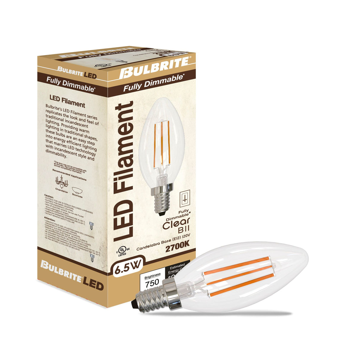 Bulbrite LED Filament 6.5W Dimmable B11 Light Bulbs with a Clear Finish and E26 Medium Base – 2700K Warm White Light, 750 Lumens, 4-Pack
