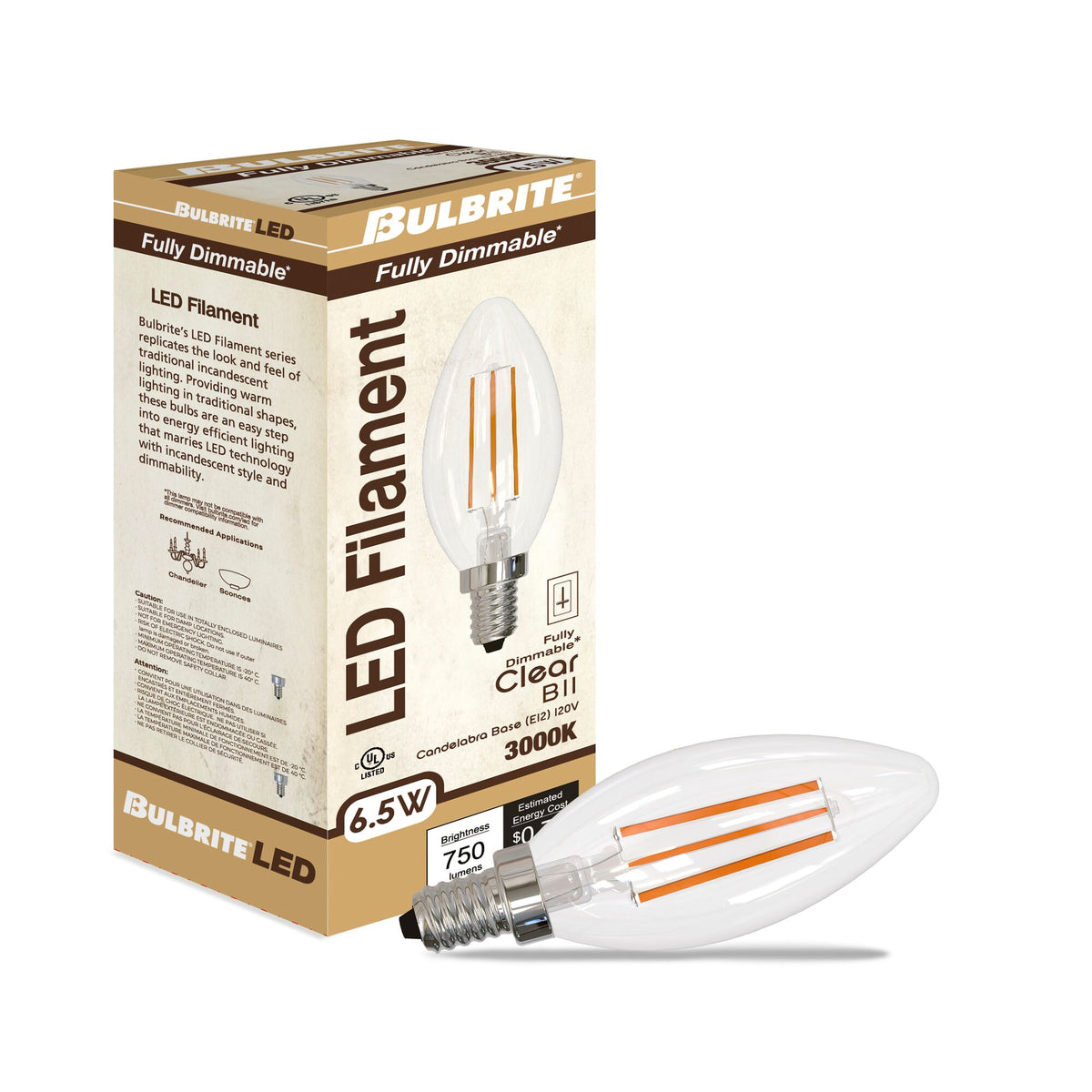 Bulbrite LED Filament 6.5W Dimmable B11 Light Bulbs with a Clear Finish and E12 Candelabra Base – 3000K Soft White Light, 750 Lumens, 4-Pack