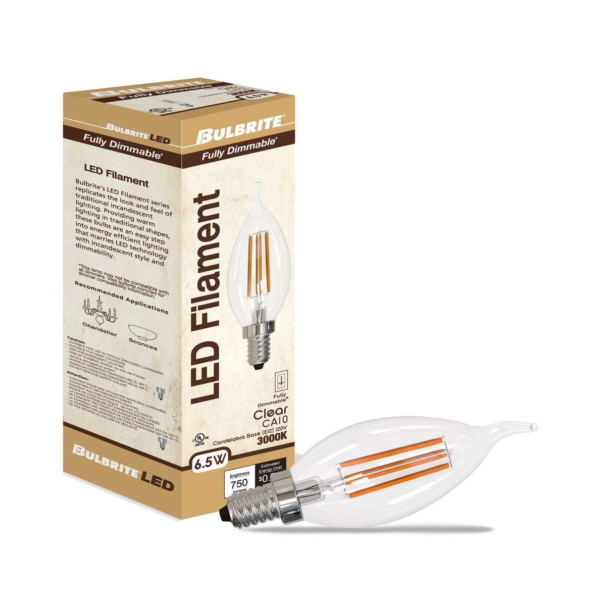 Bulbrite LED Filament 6.5W Dimmable CA10 Light Bulbs with a Clear Finish and E12 Candelabra Base – 3000K Soft White Light, 750 Lumens, 4-Pack