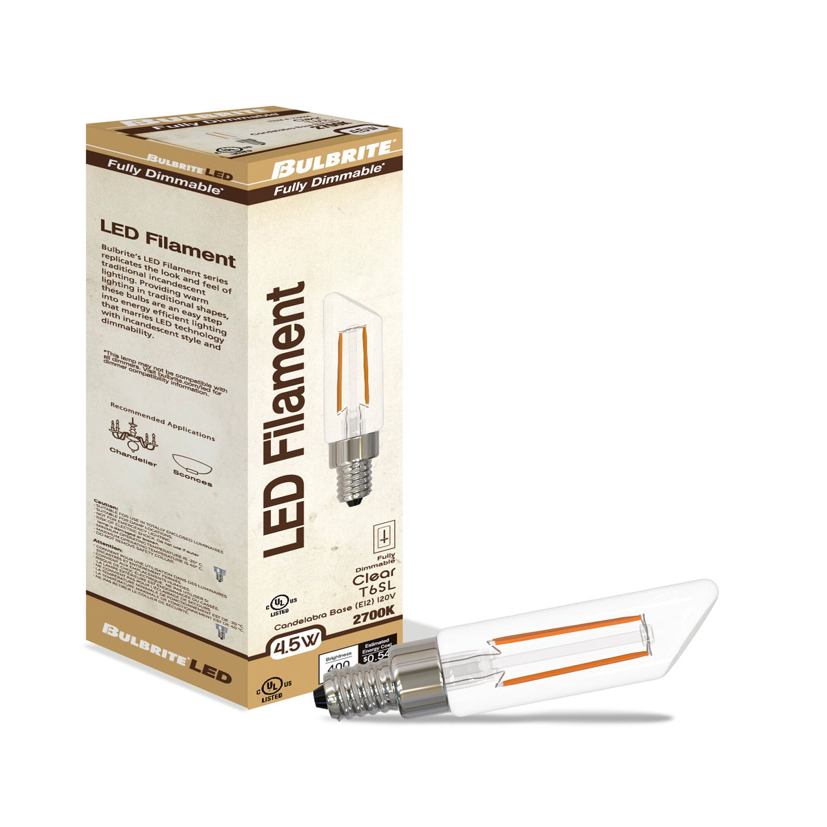 Bulbrite LED Filament 4.5W Dimmable T6SL Light Bulbs with a Clear Finish and E12 Candelabra Base – 2700K Warm White Light, 400 Lumens, 4-Pack
