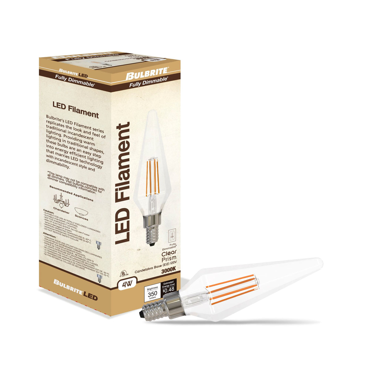 Bulbrite LED Filament 4W Dimmable Prism Light Bulbs with a Clear Finish and E12 Candelabra Base – 3000K Soft White Light, 350 Lumens, 4-Pack