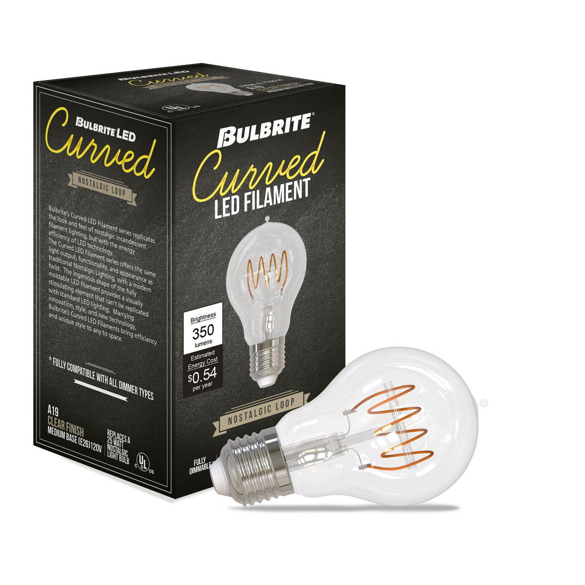 Bulbrite LED Curved Filament 4.5W Dimmable A19 Light Bulbs with Clear Finish and E26 Medium Base – 2100K Warm Amber Light, 350 Lumens, 4-Pack