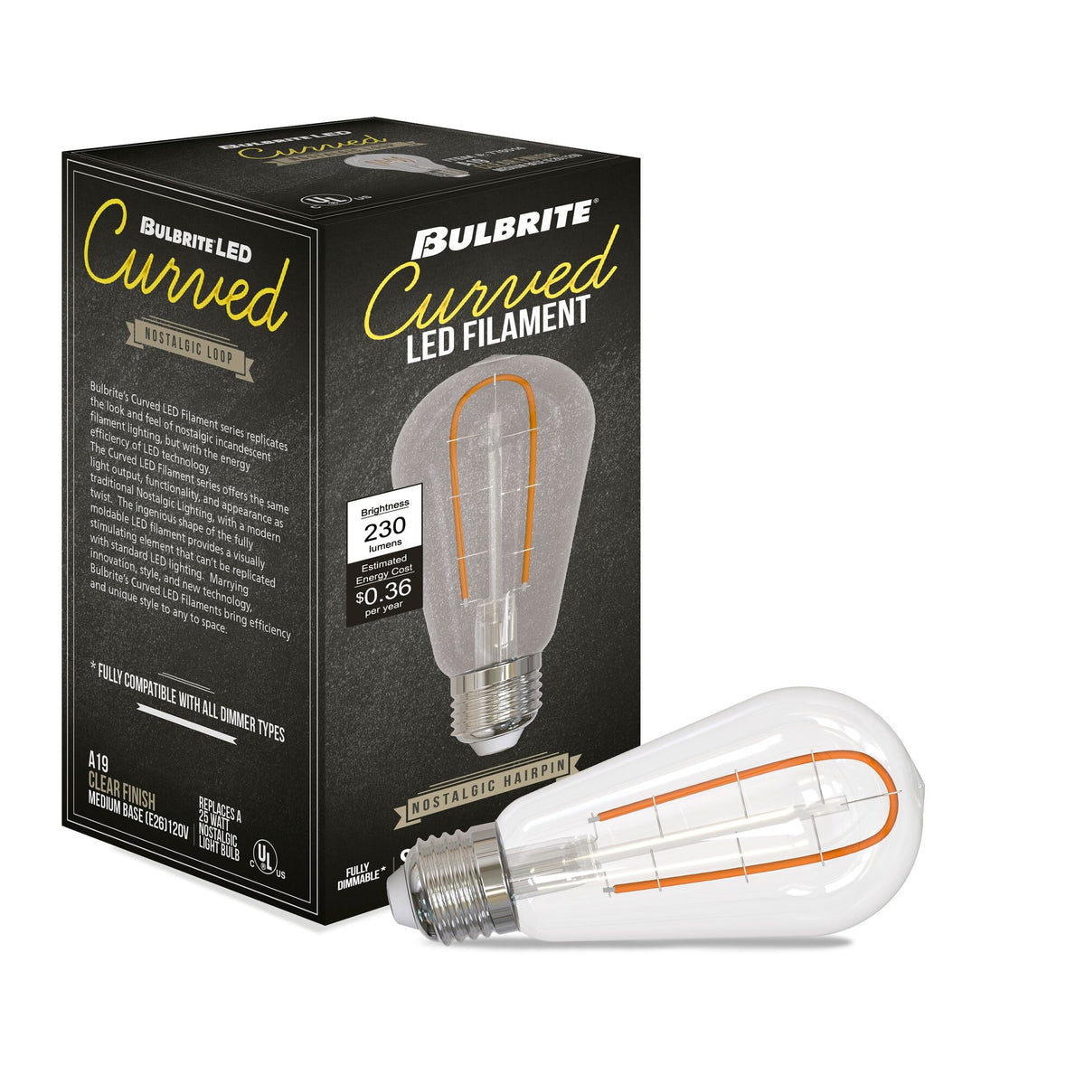 Bulbrite LED Curved Filament 3W Dimmable ST18 Light Bulbs with Clear Finish and E26 Medium Base – 2100K Warm Amber Light, 230 Lumens, 4-Pack
