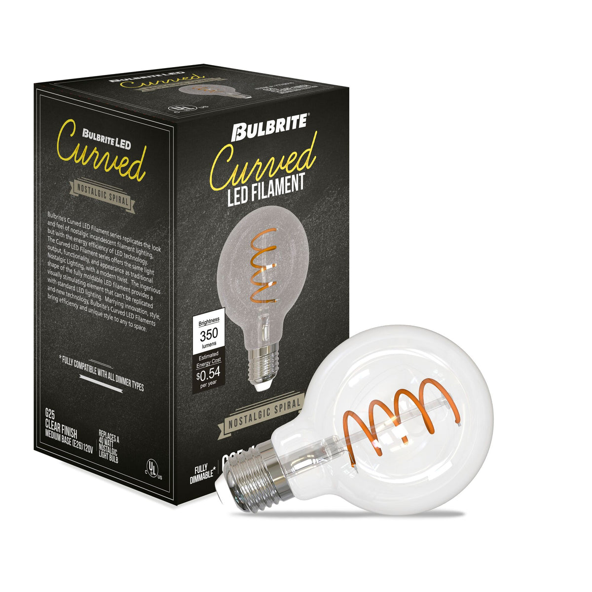 Bulbrite 4W Dimmable Antique Nostalgic Curved Filament G25 E26 Medium Base LED Bulb – 2200K and 85 CRI, 2-Pack