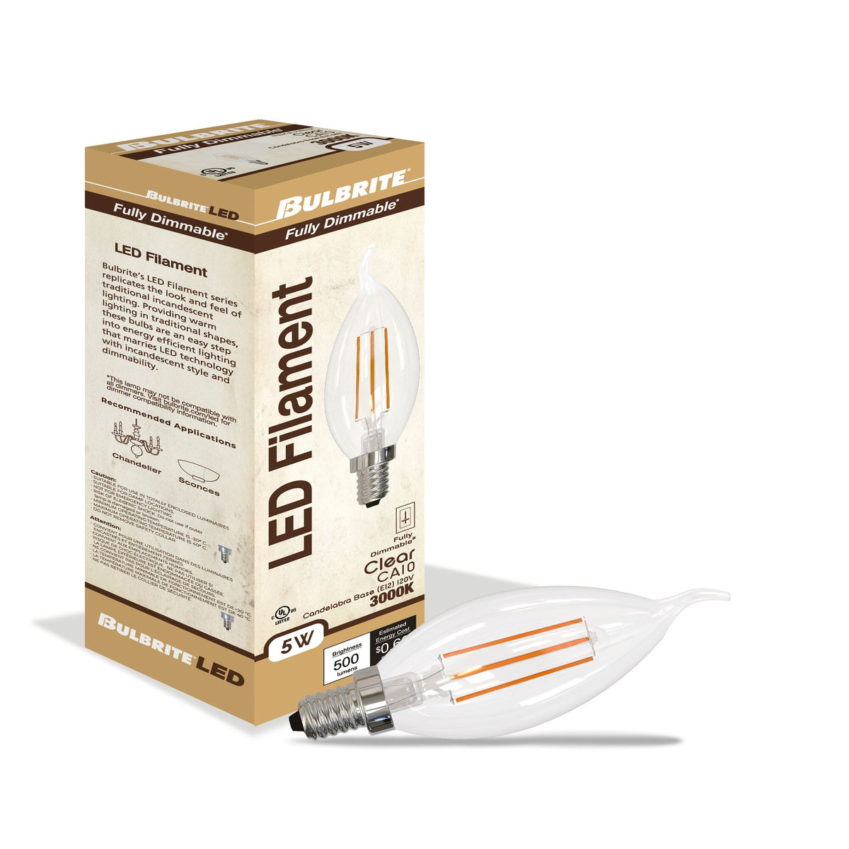 Bulbrite 5W Dimmable Clear CA10 LED Light Bulbs with E12 Candelabra Base, 3000K Soft White Light, 500 Lumens, 4-Pack