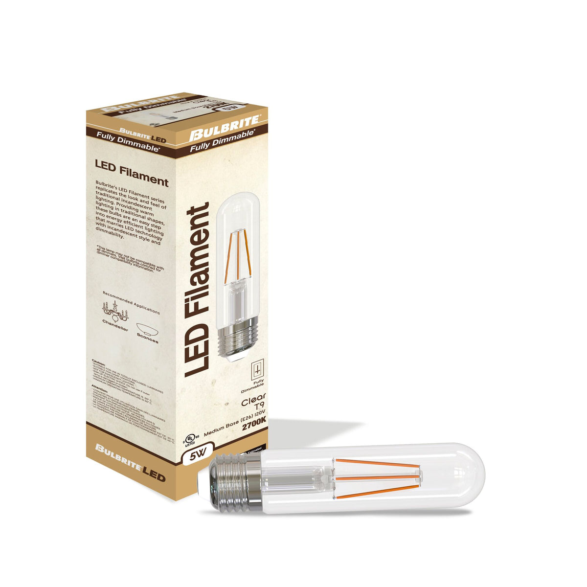Bulbrite LED Filament 5W Dimmable 5 Inch T9 Light Bulbs with Clear Glass Finish and E26 Medium Base – 2700K Warm White Light, 500 Lumens, 4-Pack