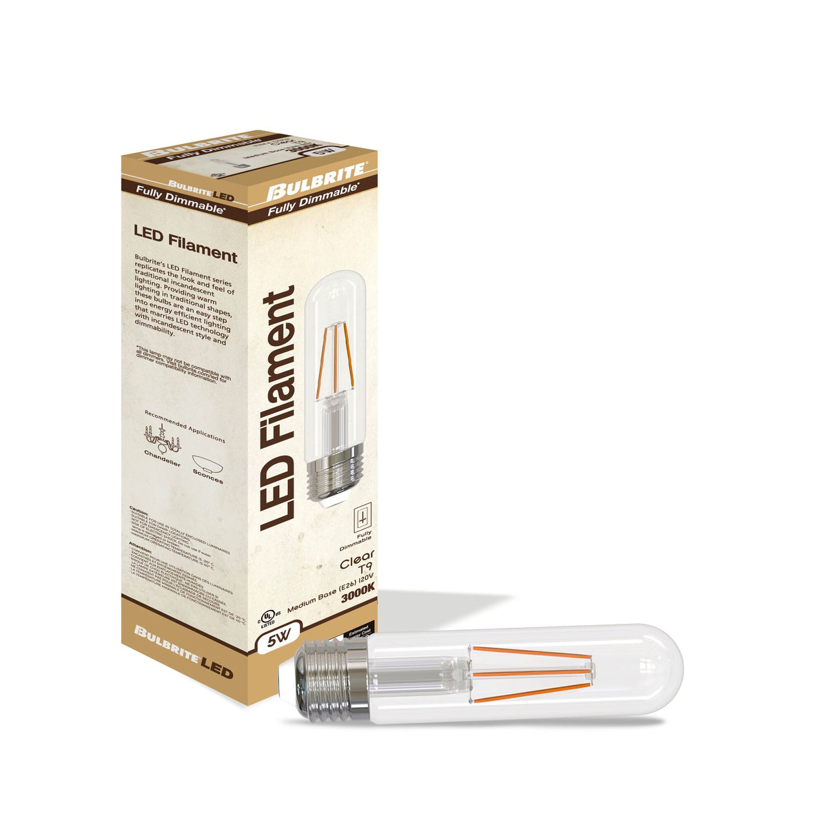 Bulbrite LED Filament 5W Dimmable 5 Inch T9 Light Bulbs with Clear Glass Finish and E26 Medium Base – 3000K Soft White Light, 500 Lumens, 4-Pack