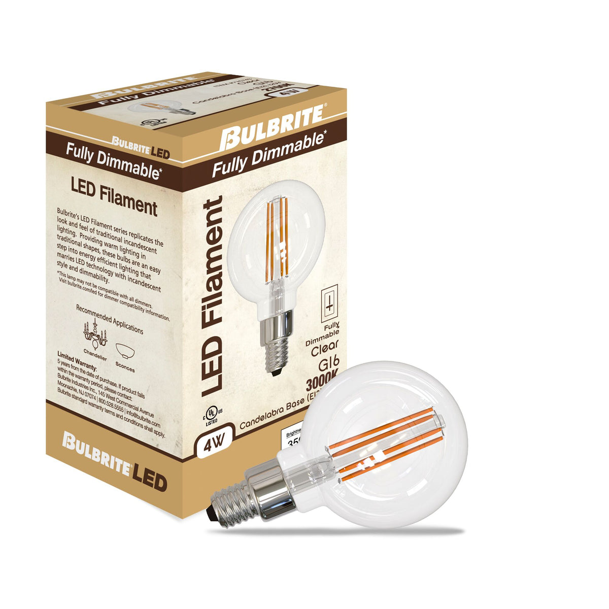Bulbrite LED Filament 4W Dimmable G16 Light Bulbs with a Clear Finish and E12 Candelabra Base – 3000K Soft White Light, 350 Lumens, 4-Pack