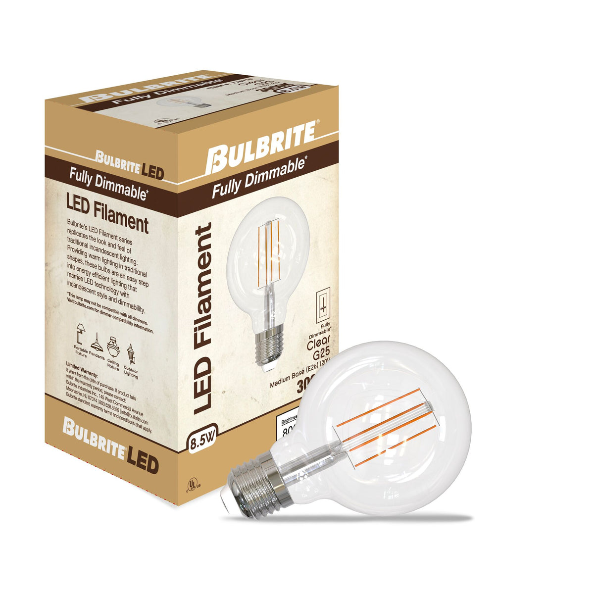 Bulbrite LED Filament 5W Dimmable G25 Light Bulb with a Clear Finish and E26 Medium Base – 3000K Soft White Light, 800 Lumens, 4-Pack