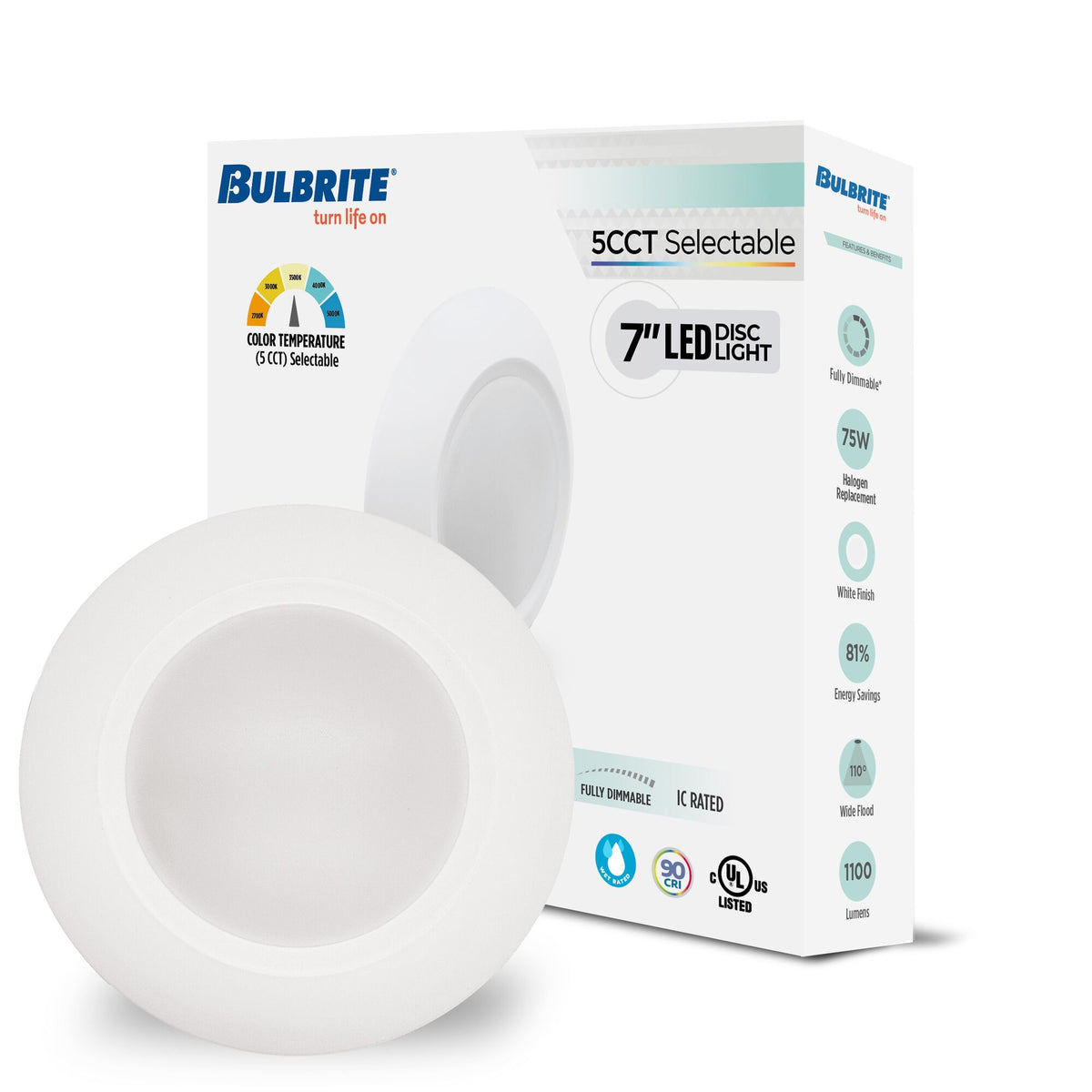 Bulbrite 14W 7" LED Disc Light, 5CCT Selectable – 27/30/35/40/50K, 1100 Lumens, 12-Pack