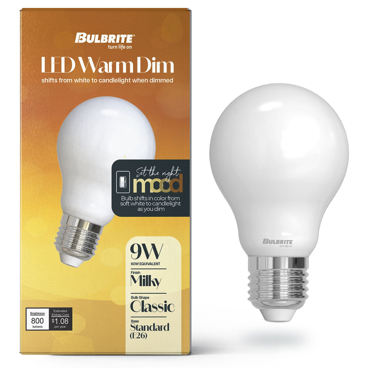 Bulbrite 9W LED A19 Light Bulbs, Warm Dimming 3000K (Soft White) – 1800K Candlelight, 800 Lumens, (2-Pack)