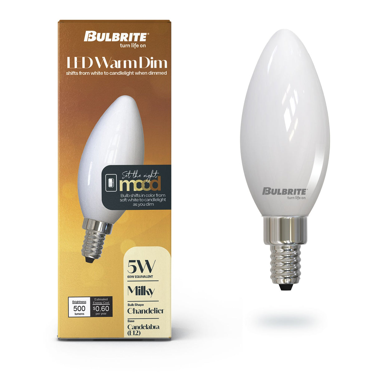 Bulbrite 5W LED B11 Light Bulbs, Warm Dimming 3000K (Soft White) – 1800K Candlelight, 500 Lumens, (4-Pack)