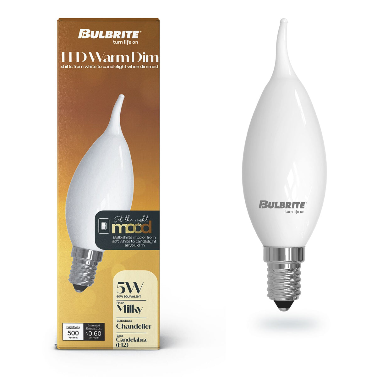 Bulbrite 5W LED CA10 Light Bulbs, Warm Dimming 3000K (Soft White) – 1800K Candlelight, 500 Lumens, (4-Pack)