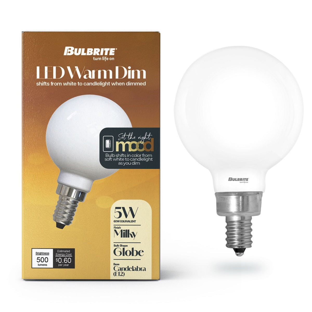 Bulbrite 5W LED G16 Light Bulbs, Warm Dimming 3000K (Soft White) – 1800K Candlelight, 500 Lumens, (4-Pack)