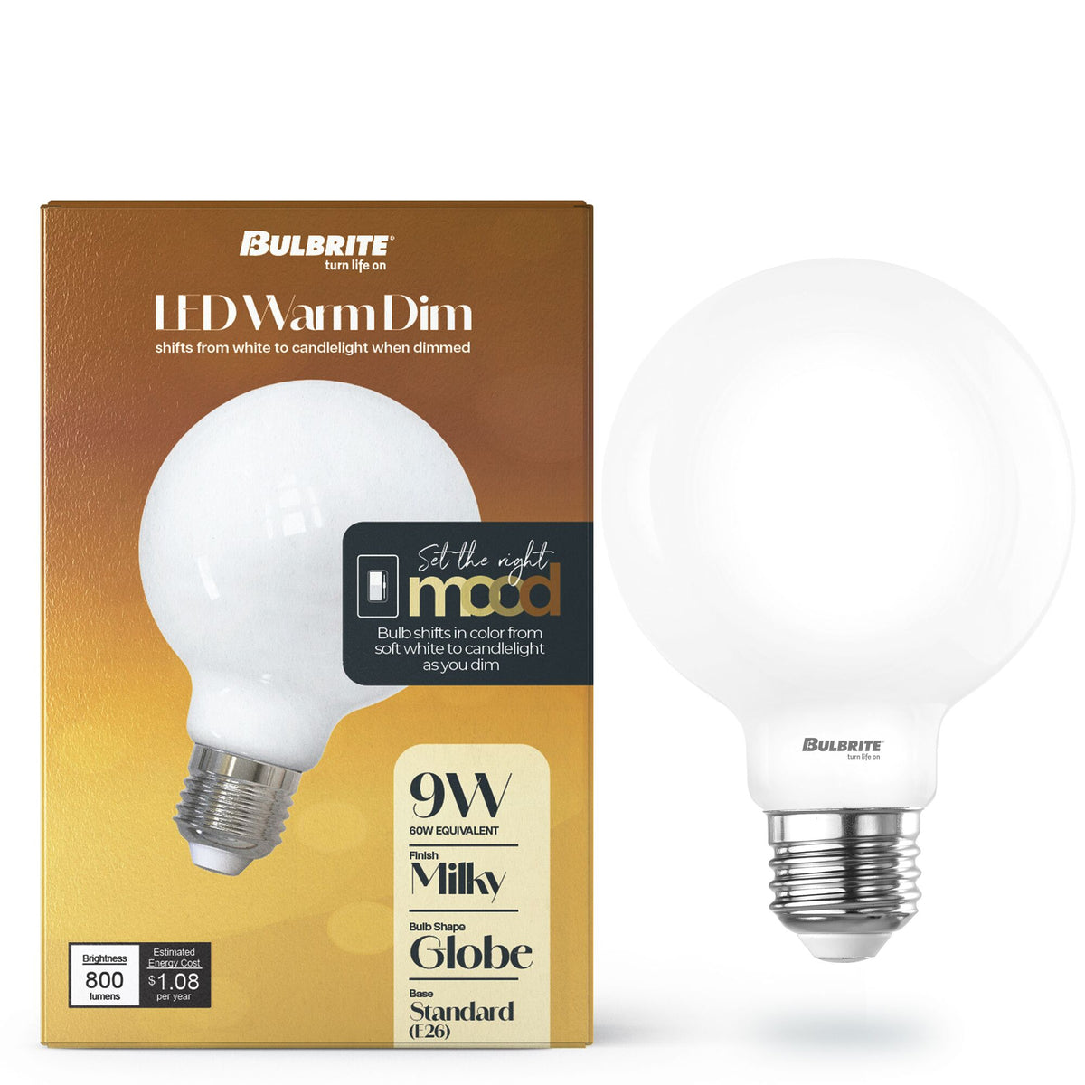 Bulbrite 9W LED G25 Light Bulbs, Warm Dimming 3000K (Soft White) – 1800K Candlelight, 800 Lumens, (2-Pack)
