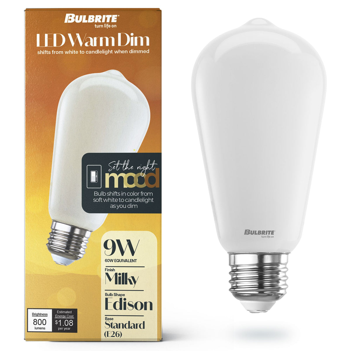 Bulbrite 9W LED ST18 Light Bulbs, Warm Dimming 3000K (Soft White) – 1800K Candlelight, 800 Lumens, (2-Pack)