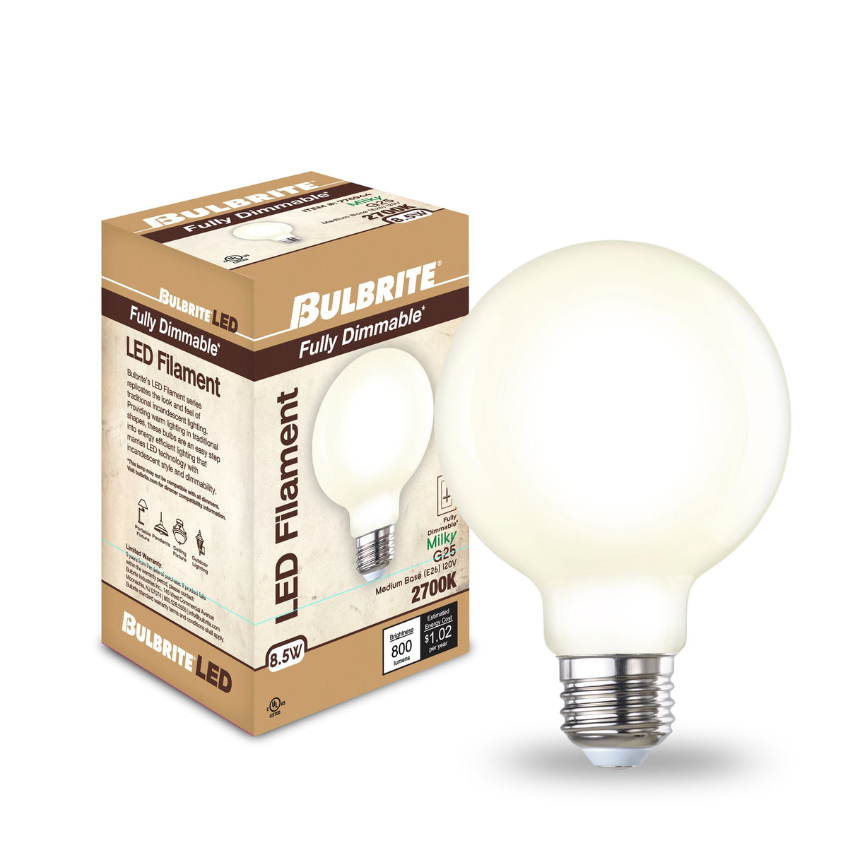 Bulbrite LED Filament 8.5W Dimmable G25 Light Bulb with a Milky Finish and E26 Medium Base – 2700K Warm White Light, 800 Lumens, 4-Pack