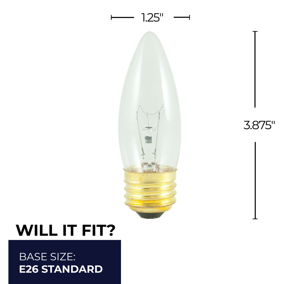 Bulbrite Incandescent 40W B10 Light Bulb with a Clear Finish and E26 Medium Base, 2700K Warm White Light, 25-Pack, 225 Lumens