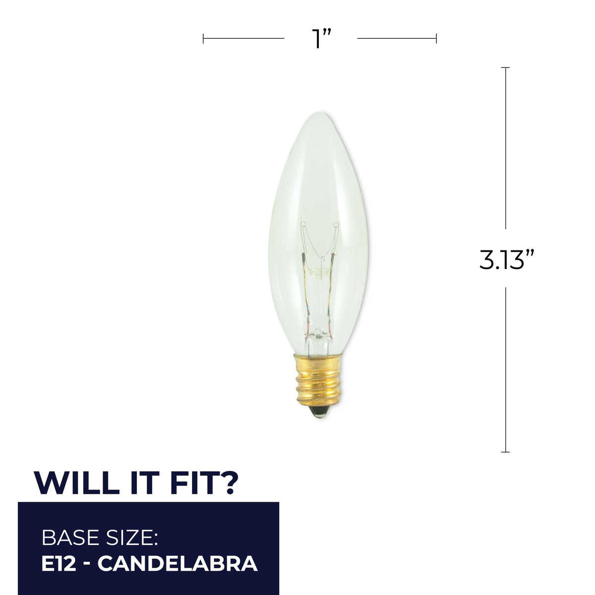 Bulbrite Torpedo 25mm, 15W Dimmable B8 Incandescent Light Bulbs with E12 Candelabra Base, Clear, 50-Pack