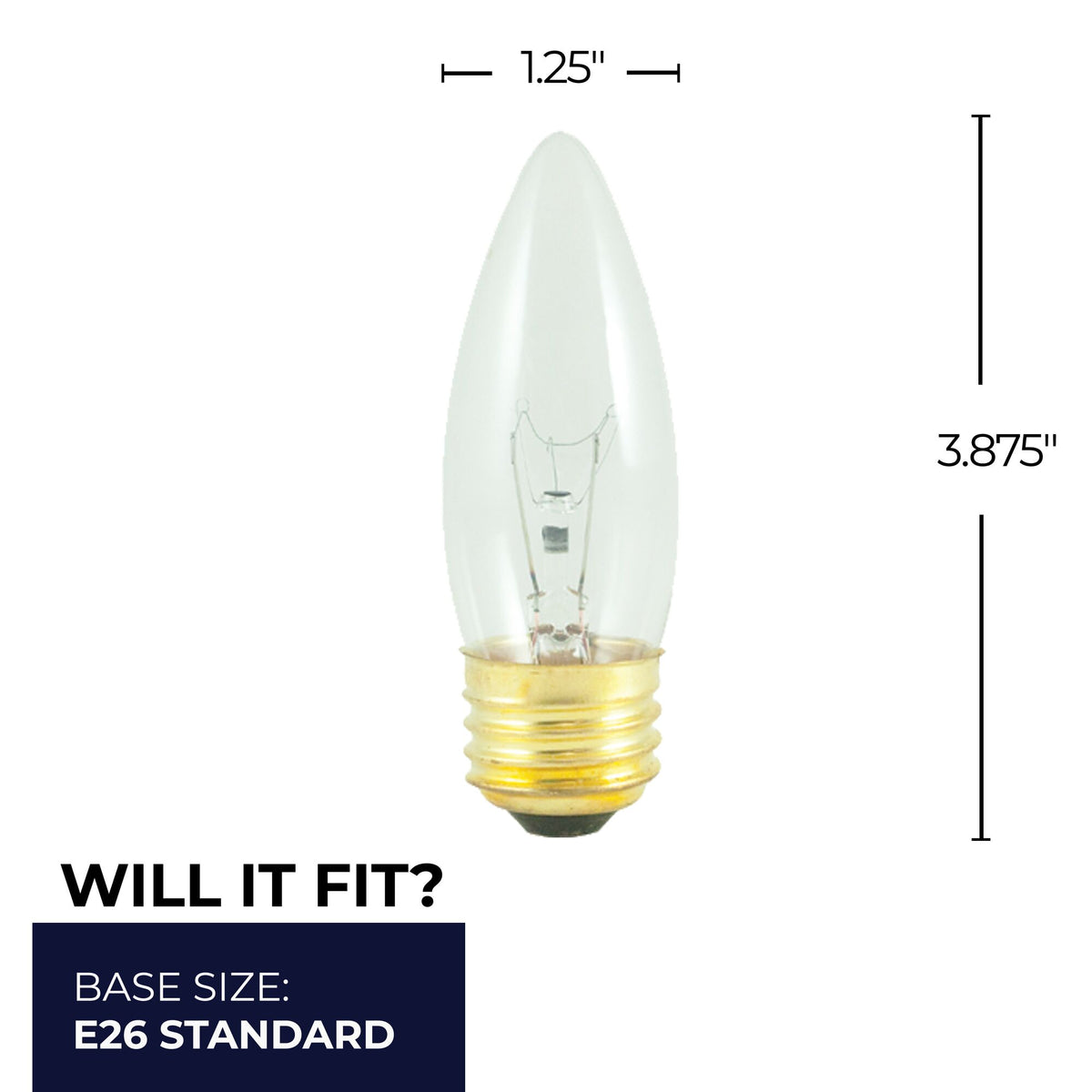 Bulbrite Incandescent 40W B10 Light Bulb with a Clear Finish and E26 Medium Base, 2700K Warm White Light, 25-Pack, 300 Lumens