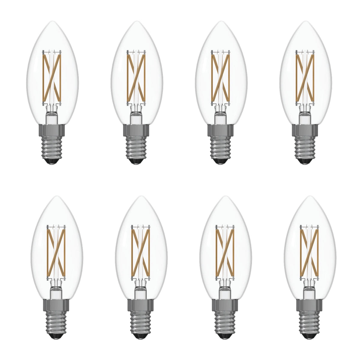 Bulbrite LED Filament Pack of (8) 4 Watt Dimmable B11 Light Bulb with Clear Glass Finish and Candelabra  (E12) Base - 2700K (Warm White Light), 350 Lumens