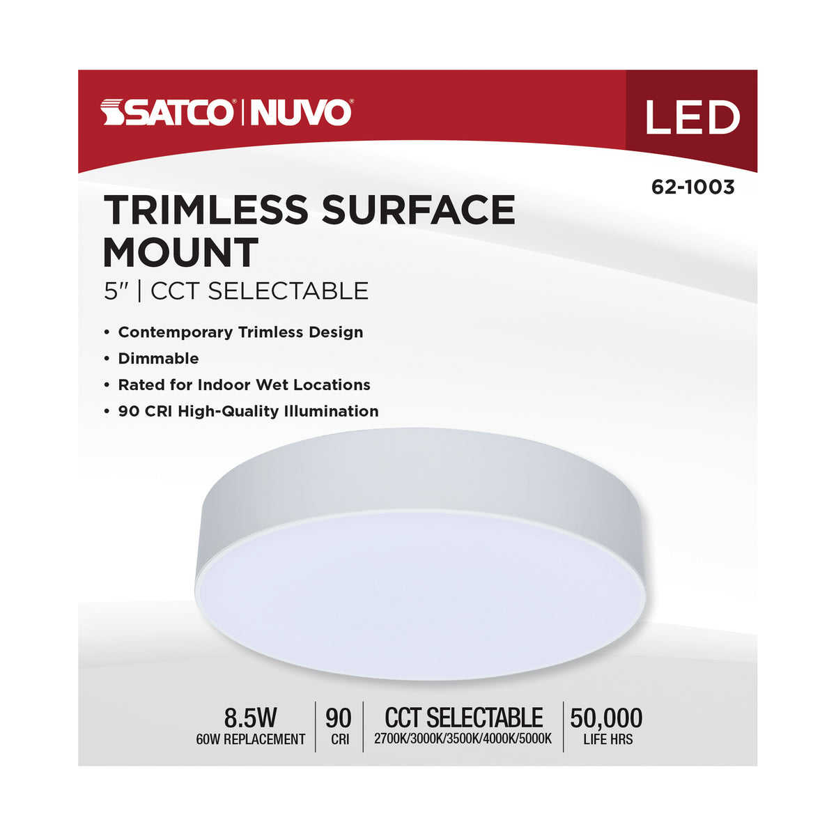 9 Watt 5 Inch Trimless Surface Mount - 27K/3K/35K/4K/5K CCT - Line Voltage Dimmable - White Finish - 120 Volt