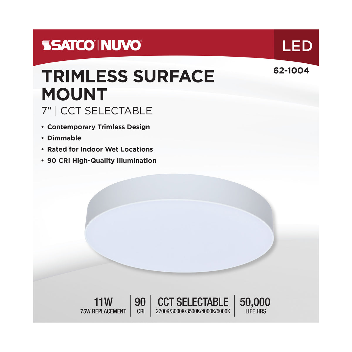 11 Watt 7 Inch Trimless Surface Mount - 27K/3K/35K/4K/5K CCT - Line Voltage Dimmable - White Finish - 120 Volt