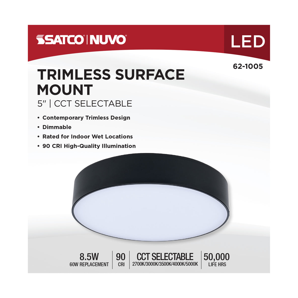 9 Watt 5 Inch Trimless Surface Mount - 27K/3K/35K/4K/5K CCT - Line Voltage Dimmable - Black Finish - 120 Volt