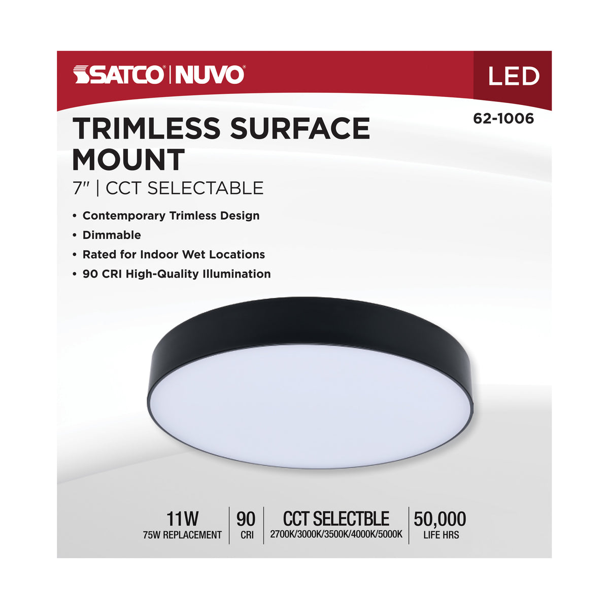 11 Watt 7 Inch Trimless Surface Mount - 27K/3K/35K/4K/5K CCT - Line Voltage Dimmable - Black Finish - 120 Volt