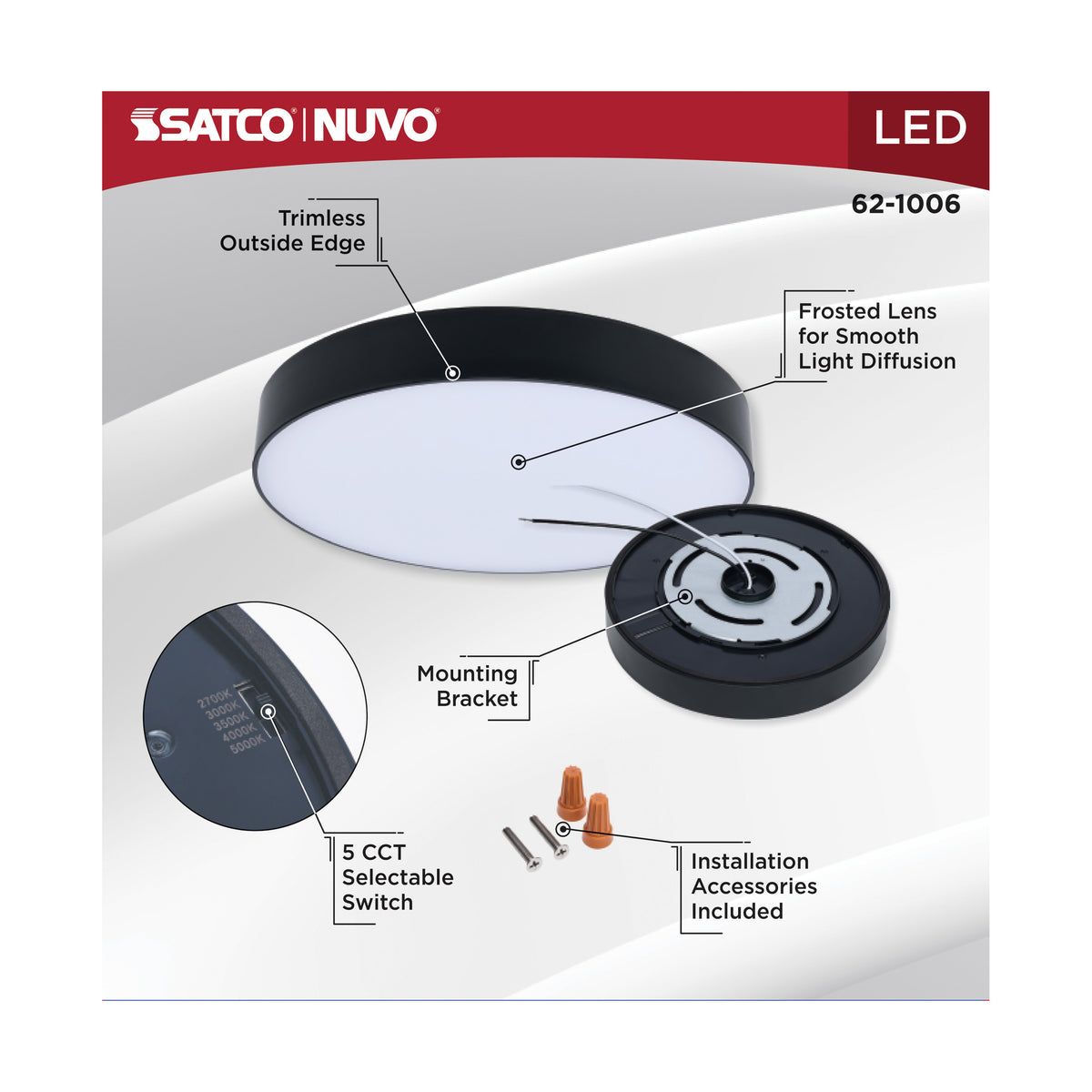 11 Watt 7 Inch Trimless Surface Mount - 27K/3K/35K/4K/5K CCT - Line Voltage Dimmable - Black Finish - 120 Volt