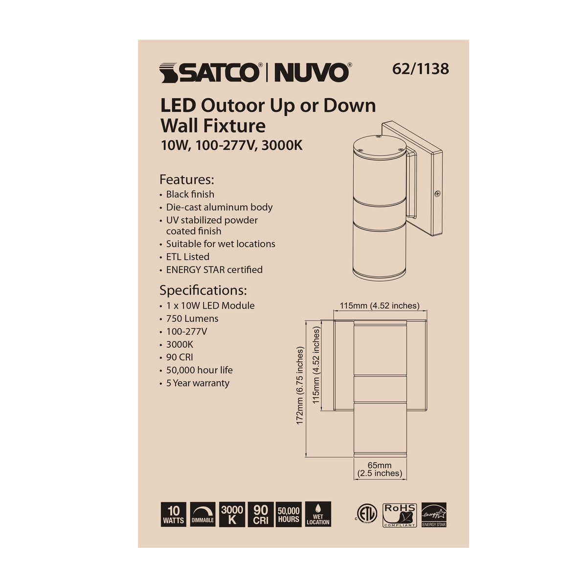 1 Light - LED Small Up or Down Sconce Fixture - Black Finish - 10W - 120/277V