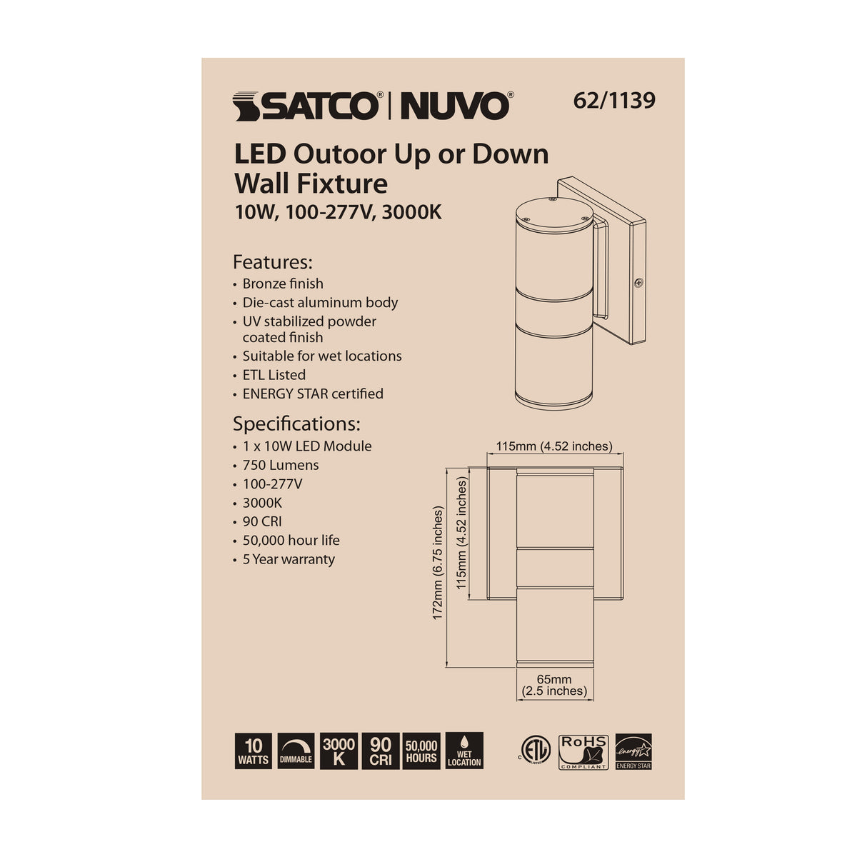 1 Light - LED Small Up or Down Sconce Fixture - Bronze Finish - 10W - 120/277V