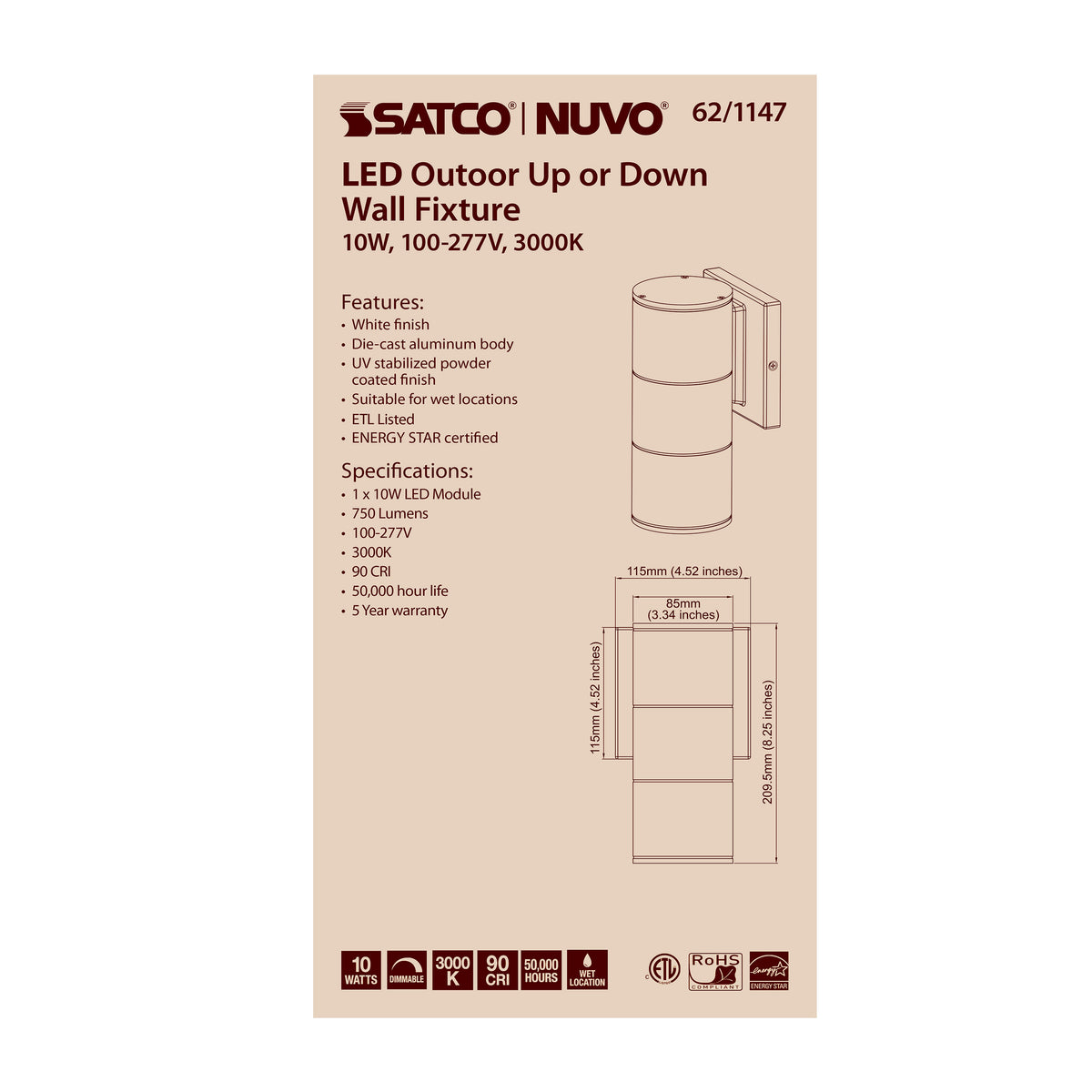 1 Light - LED Large Up or Down Sconce Fixture - White Finish - 10W - 120/277V