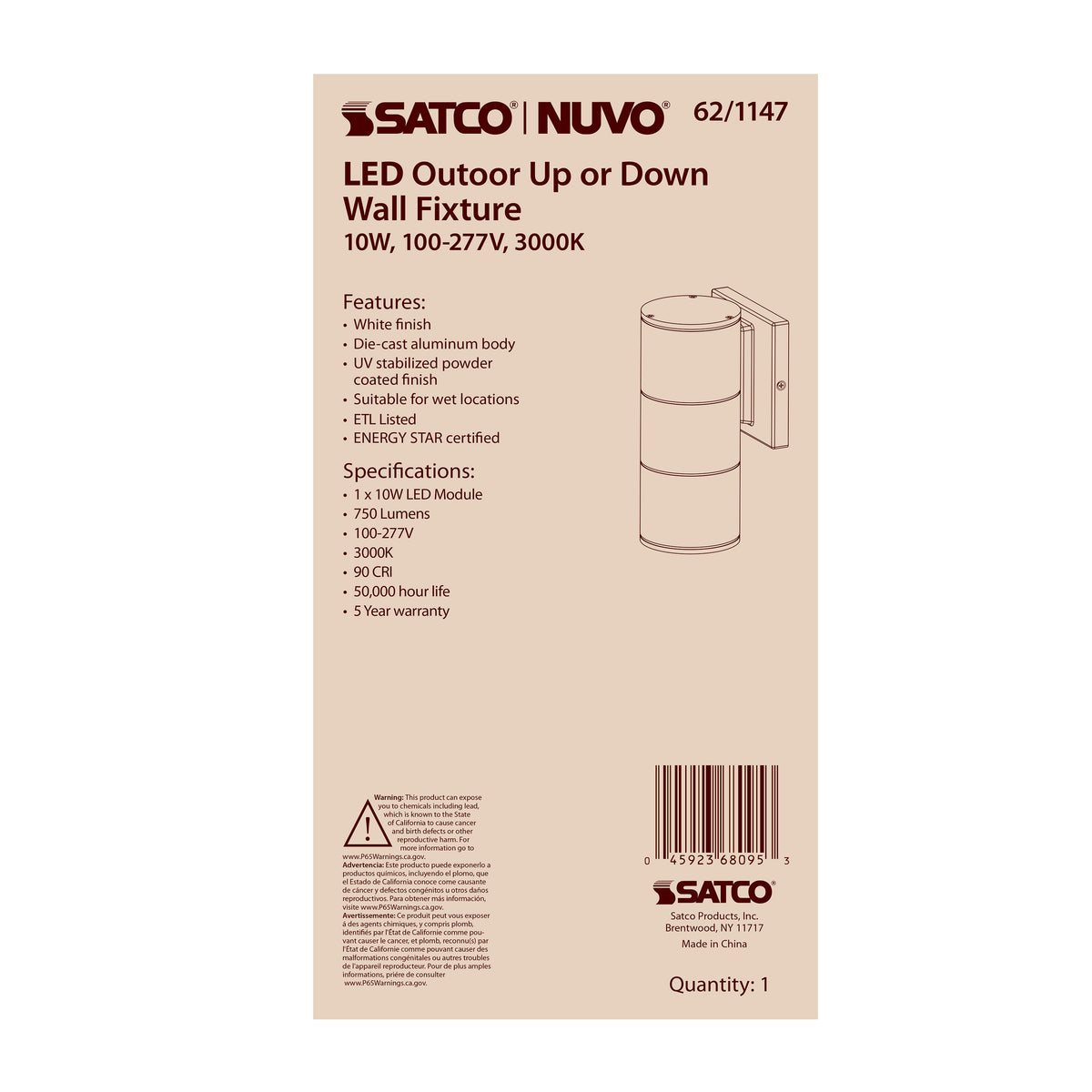 1 Light - LED Large Up or Down Sconce Fixture - White Finish - 10W - 120/277V