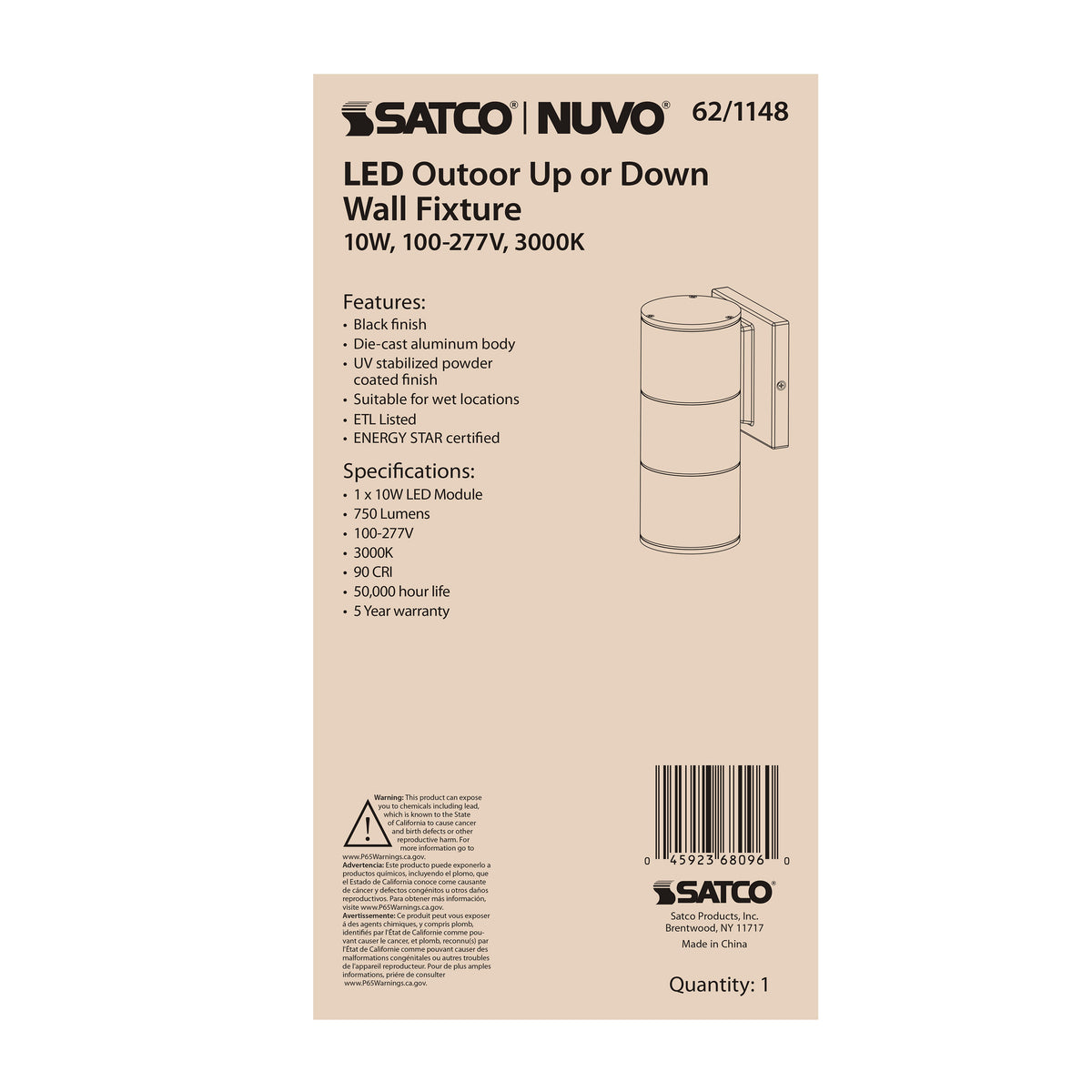 1 Light - LED Large Up or Down Sconce Fixture - Black Finish - 10W - 120/277V