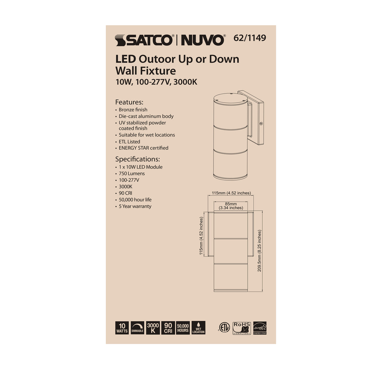 1 Light - LED Large Up or Down Sconce Fixture - Bronze Finish - 10W - 120/277V