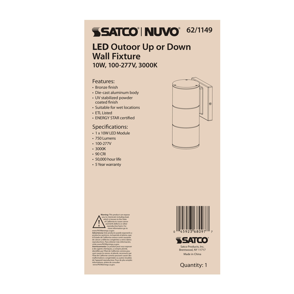 1 Light - LED Large Up or Down Sconce Fixture - Bronze Finish - 10W - 120/277V