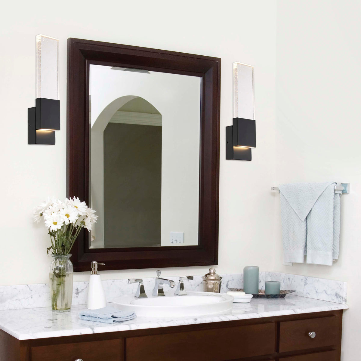 Ellusion - LED Large Wall Sconce - 13W - Matte Black Finish with Seeded Glass