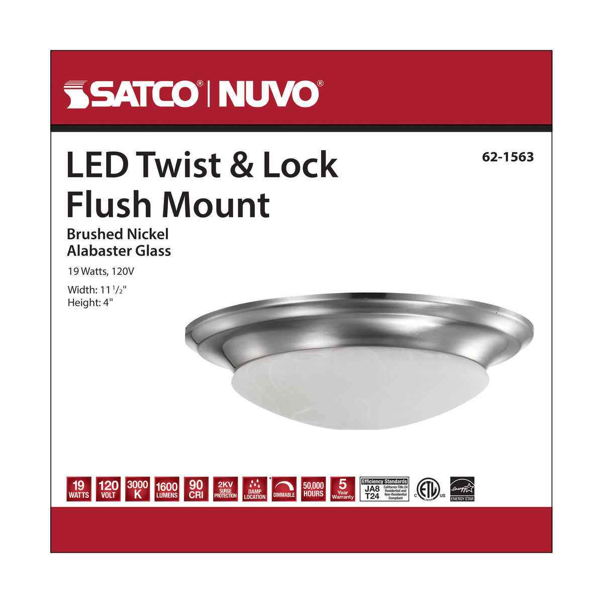 19 Watt - 11 inch - LED Twist & Lock Flush Mount Fixture - Dimmable - Brushed Nickel - Frosted Glass